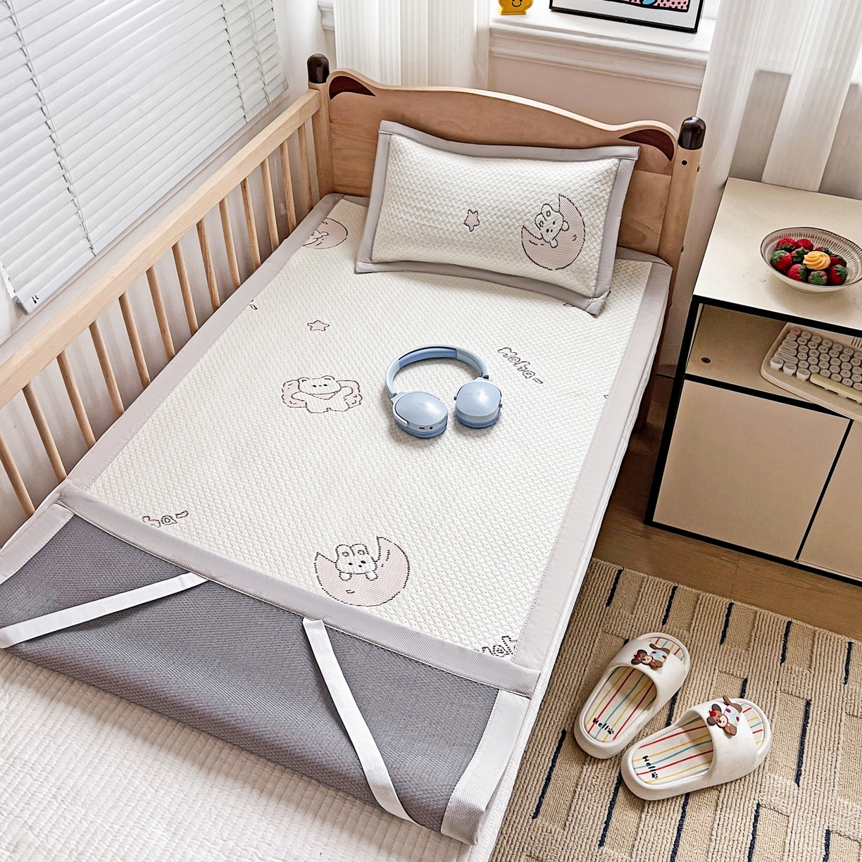 91家纺网 家纺一手货源 找家纺 富馨莱 2026年新款儿童幼儿园豆豆席凉席席子支持一件定制 兔宝贝