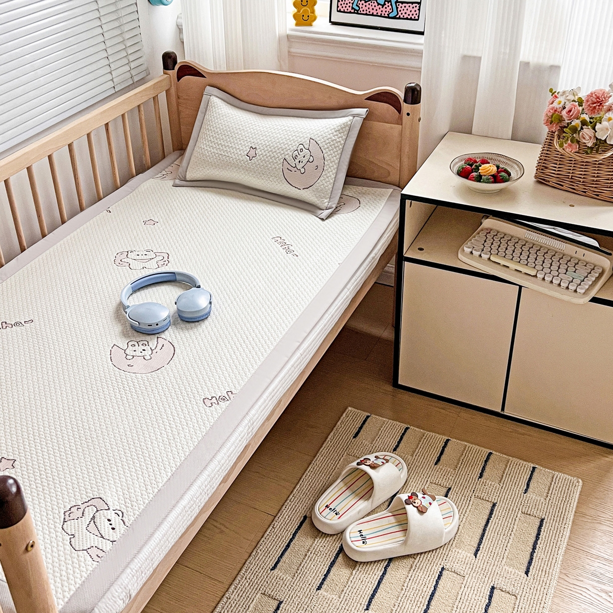 91家纺网 家纺一手货源 找家纺 富馨莱 2026年新款儿童幼儿园豆豆席凉席席子支持一件定制 兔宝贝