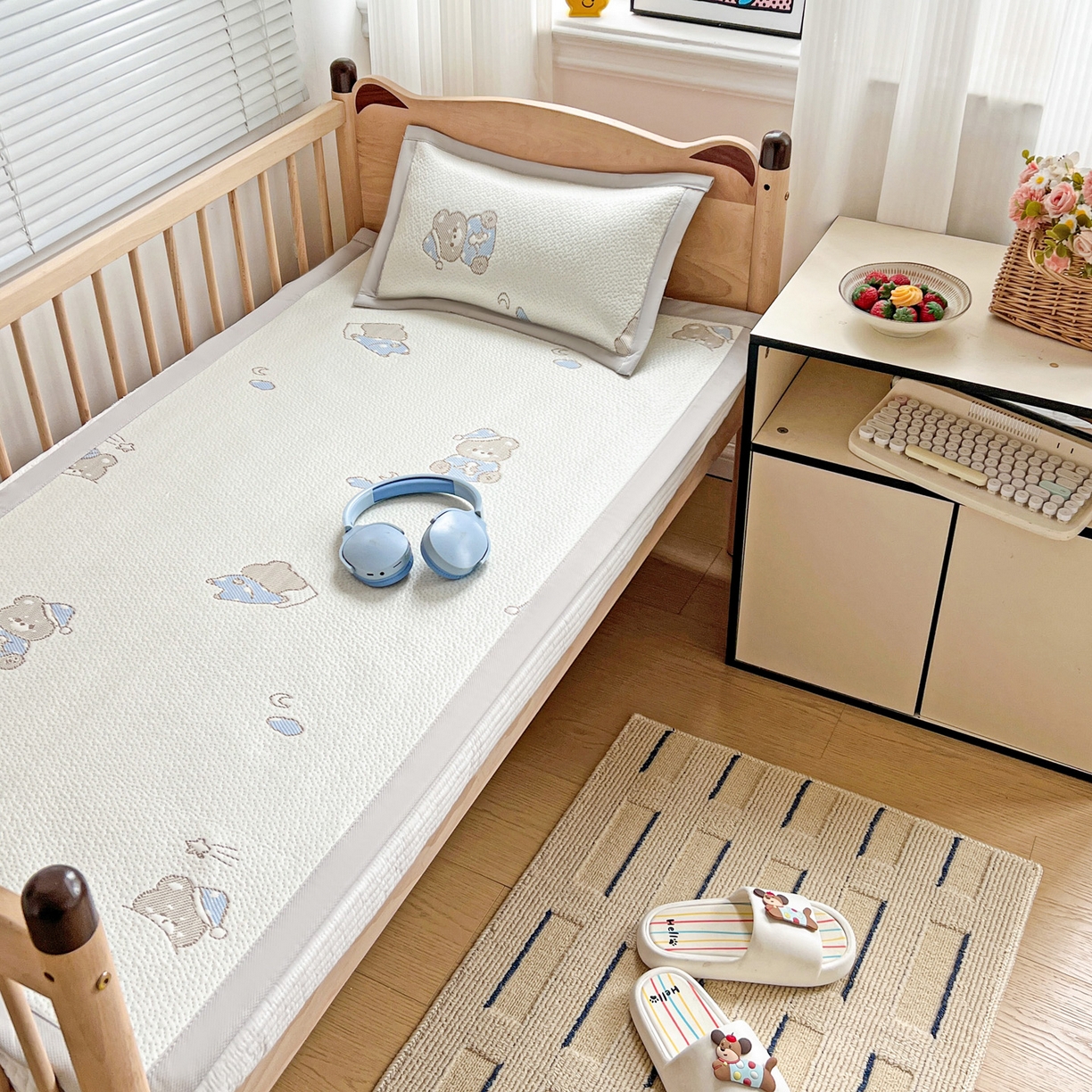 91家纺网 家纺一手货源 找家纺 富馨莱 2026年新款儿童幼儿园豆豆席凉席席子支持一件定制 可爱熊