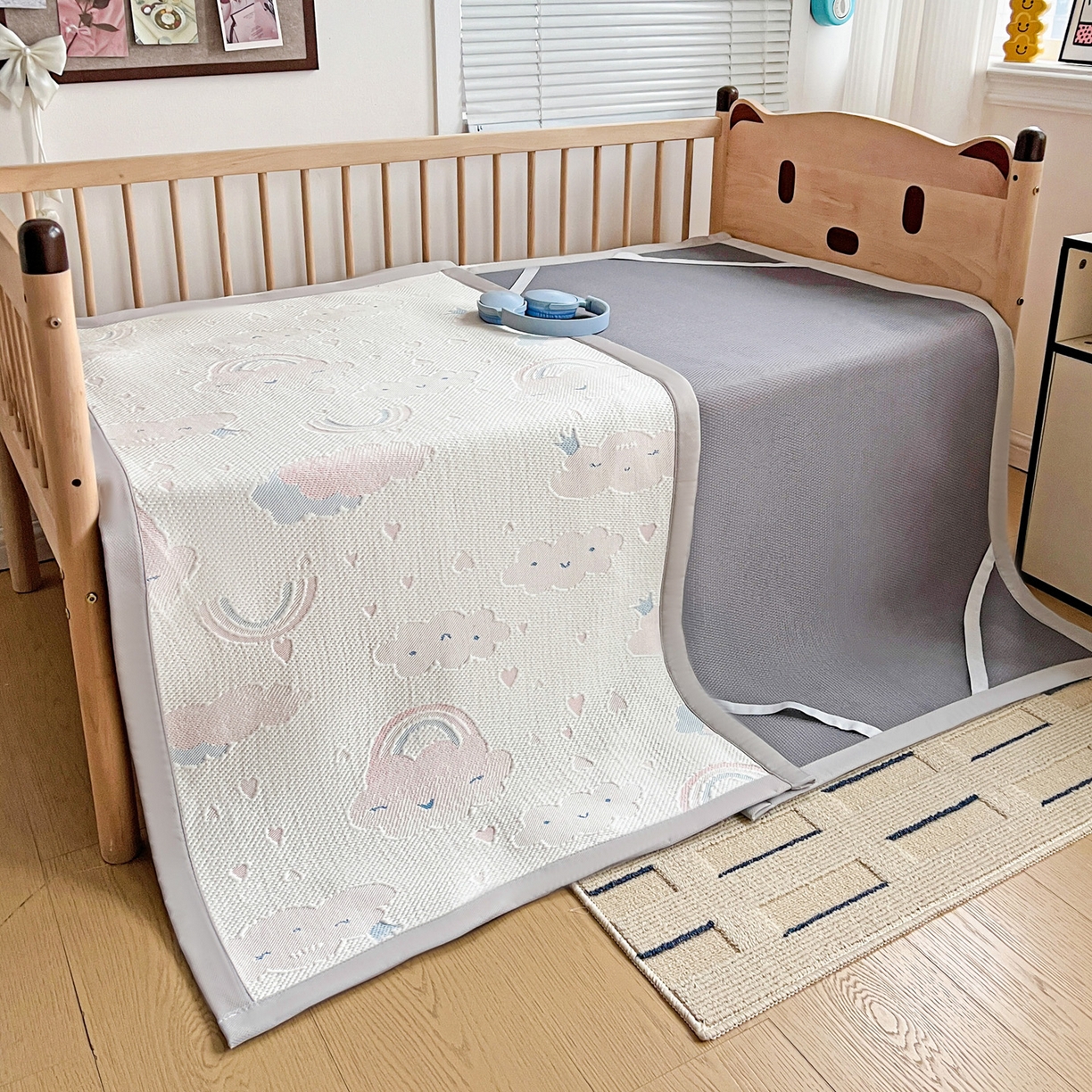 91家纺网 家纺一手货源 找家纺 富馨莱 2026年新款儿童幼儿园豆豆席凉席席子支持一件定制 爱心彩虹