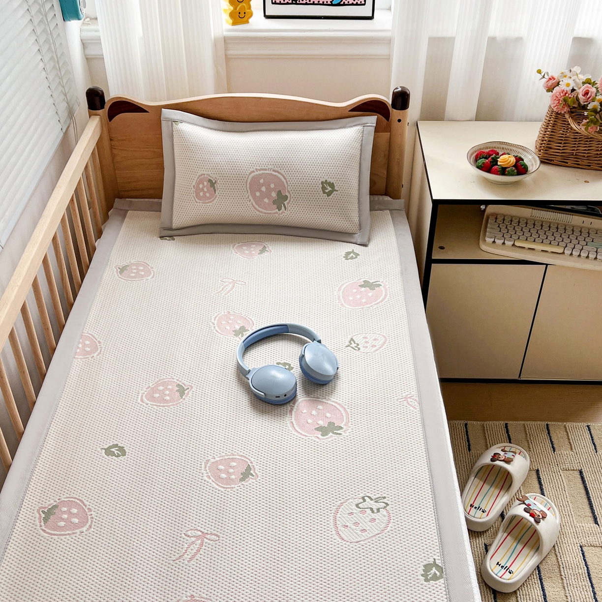 91家纺网 家纺一手货源 找家纺 富馨莱 2026年新款儿童幼儿园豆豆席凉席席子支持一件定制 草莓乐园