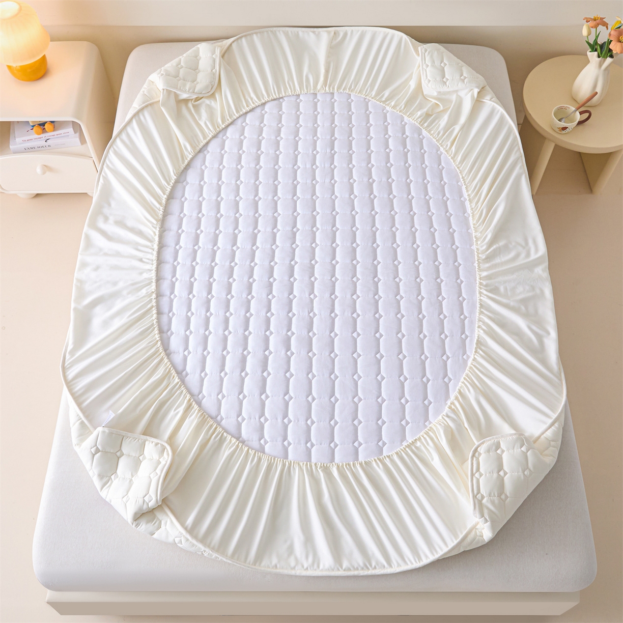 91家纺网 家纺一手货源 找家纺 居眠 2026新款A类棉花夹棉防水床笠-Hi smile Hi smile-白