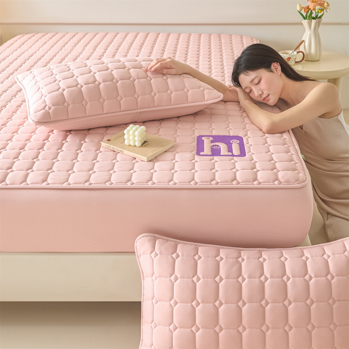 91家纺网 家纺一手货源 找家纺 居眠 2026新款A类棉花夹棉防水床笠-Hi smile Hi smile-粉
