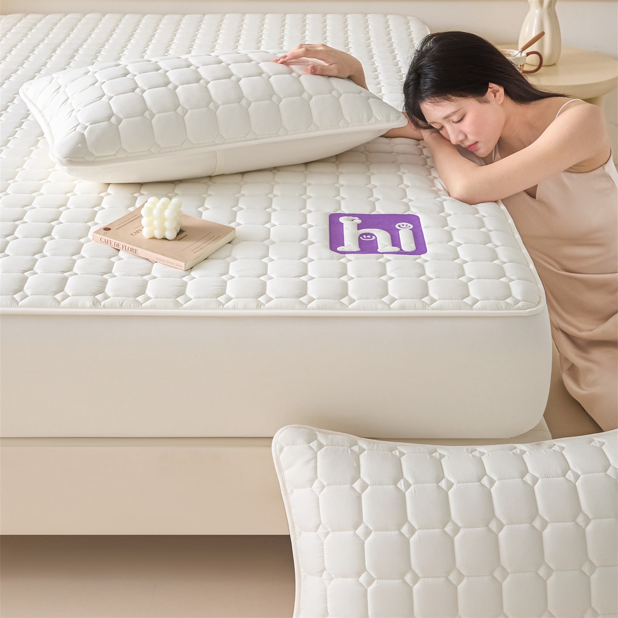 91家纺网 家纺一手货源 找家纺 居眠 2026新款A类棉花夹棉防水床笠-Hi smile Hi smile-白