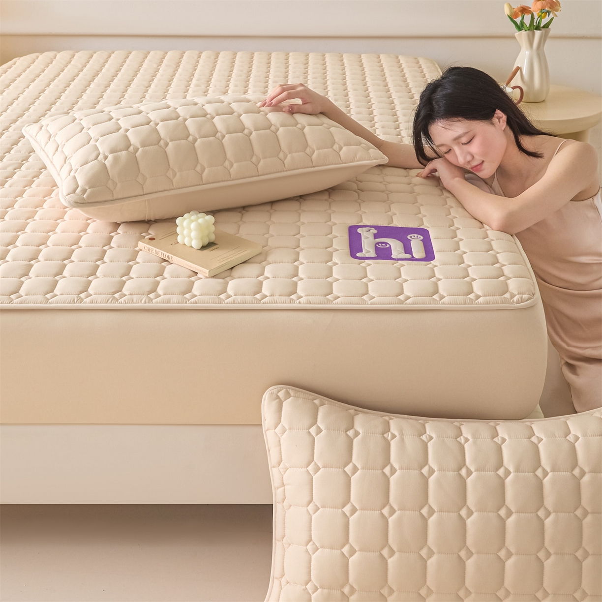 91家纺网 家纺一手货源 找家纺 居眠 2026新款A类棉花夹棉防水床笠-Hi smile Hi smile-卡