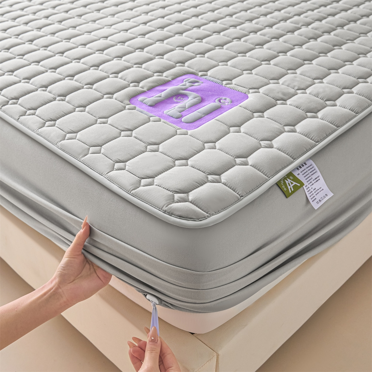 91家纺网 家纺一手货源 找家纺 居眠 2026新款A类棉花夹棉防水床笠-Hi smile Hi smile-灰