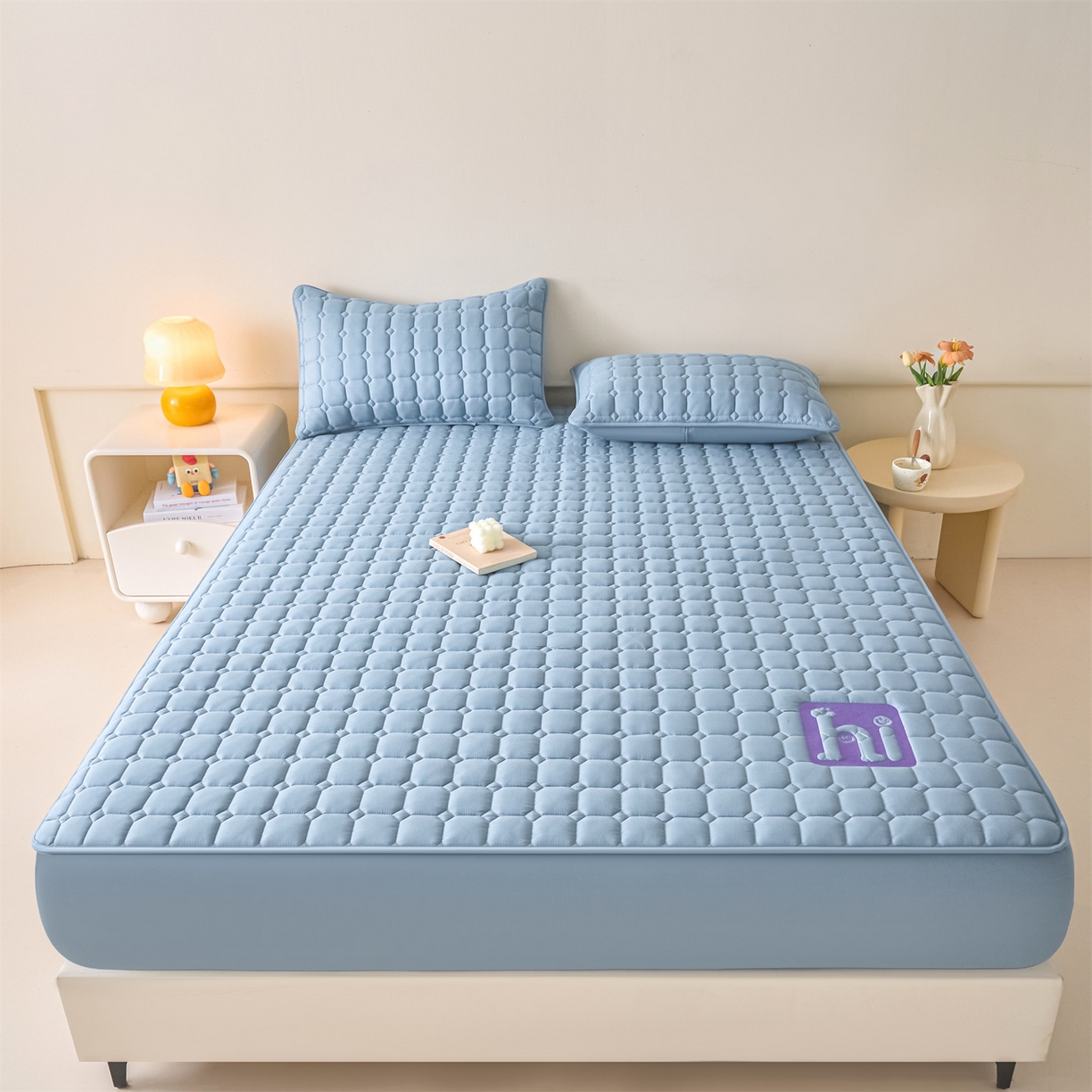 91家纺网 家纺一手货源 找家纺 居眠 2026新款A类棉花夹棉防水床笠-Hi smile Hi smile-蓝