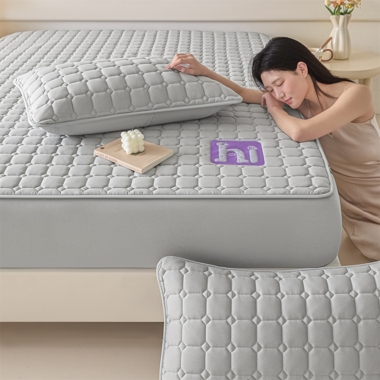 91家纺网 家纺一手货源 找家纺 居眠 2026新款A类棉花夹棉防水床笠-Hi smile Hi smile-灰