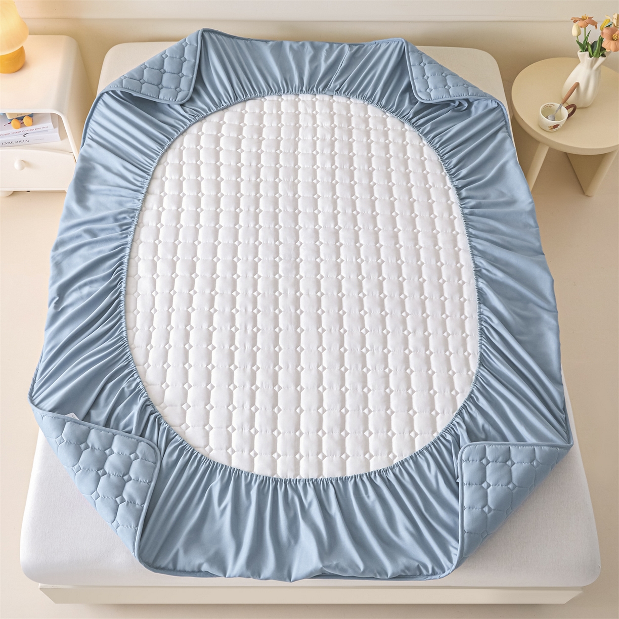 91家纺网 家纺一手货源 找家纺 居眠 2026新款A类棉花夹棉防水床笠-Hi smile Hi smile-蓝