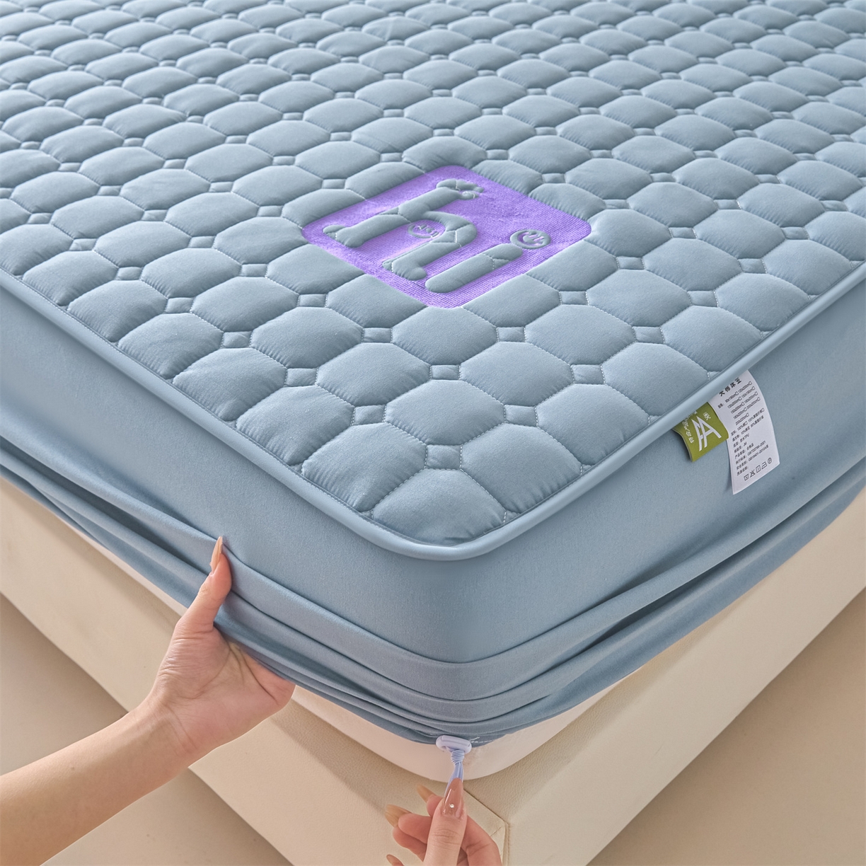 91家纺网 家纺一手货源 找家纺 居眠 2026新款A类棉花夹棉防水床笠-Hi smile Hi smile-蓝