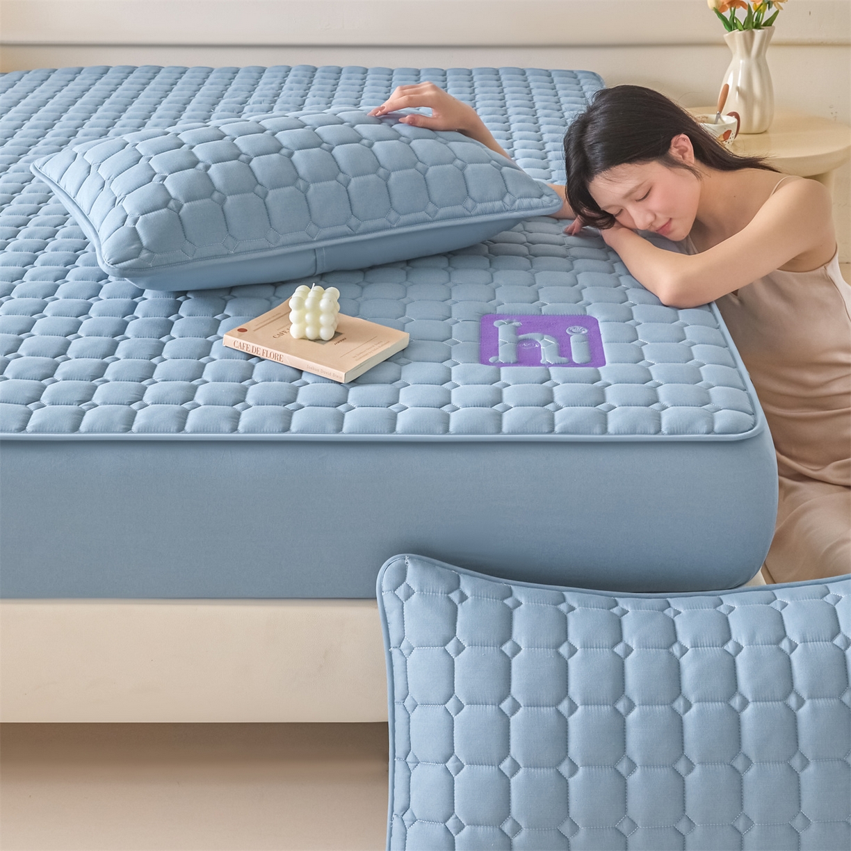 91家纺网 家纺一手货源 找家纺 居眠 2026新款A类棉花夹棉防水床笠-Hi smile Hi smile-蓝