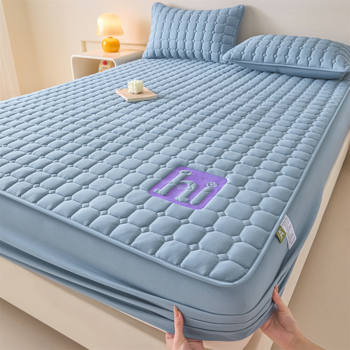 居眠 2026新款A类棉花夹棉防水床笠-Hi smile Hi smile-蓝