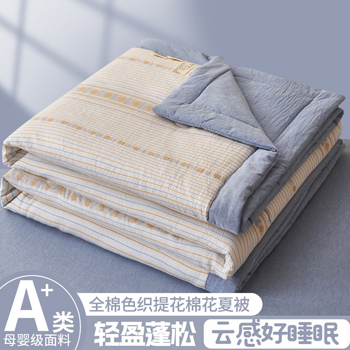 91家纺网 家纺一手货源 找家纺 简如 2026新款全棉色织提花里外全棉夏凉被四件套 柏锦-蓝