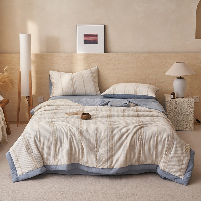 91家纺网 家纺一手货源 找家纺 简如 2026新款全棉色织提花里外全棉夏凉被四件套 柏锦-蓝