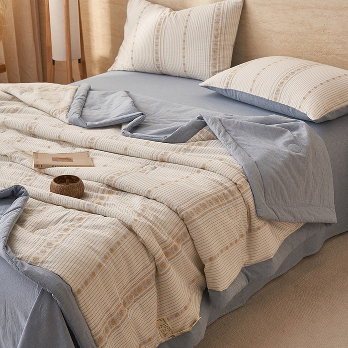 91家纺网 家纺一手货源 找家纺 简如 2026新款全棉色织提花里外全棉夏凉被四件套 柏锦-蓝