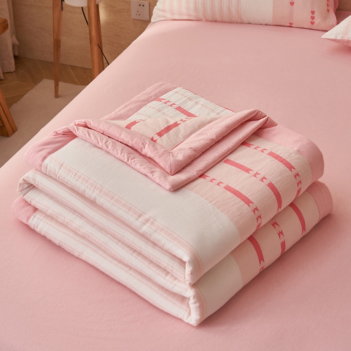 91家纺网 家纺一手货源 找家纺 简如 2026新款全棉色织提花里外全棉夏凉被四件套 爱心-粉