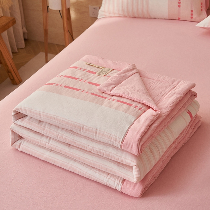 91家纺网 家纺一手货源 找家纺 简如 2026新款全棉色织提花里外全棉夏凉被四件套 爱心-粉