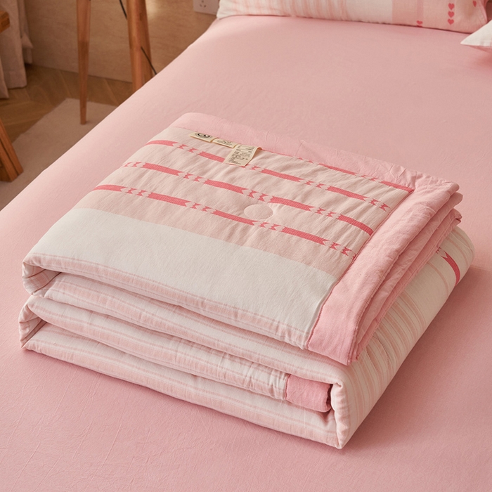 91家纺网 家纺一手货源 找家纺 简如 2026新款全棉色织提花里外全棉夏凉被四件套 爱心-粉