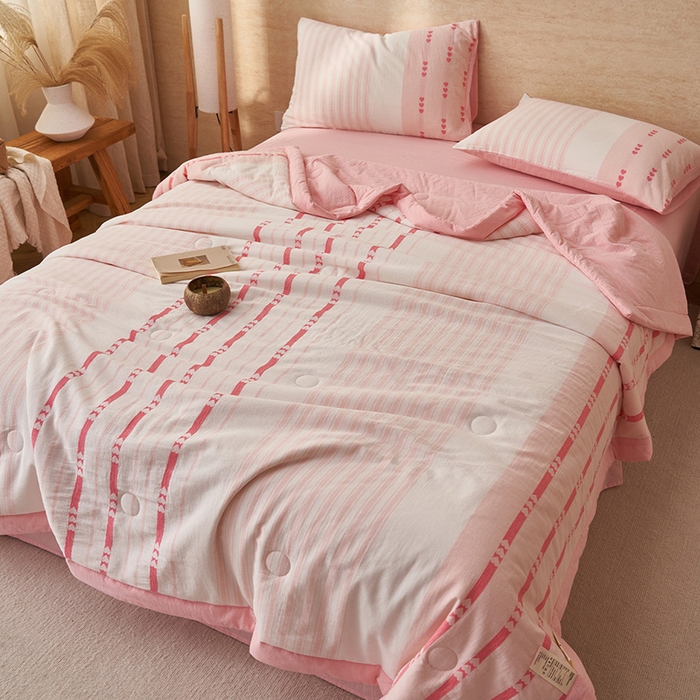 91家纺网 家纺一手货源 找家纺 简如 2026新款全棉色织提花里外全棉夏凉被四件套 爱心-粉