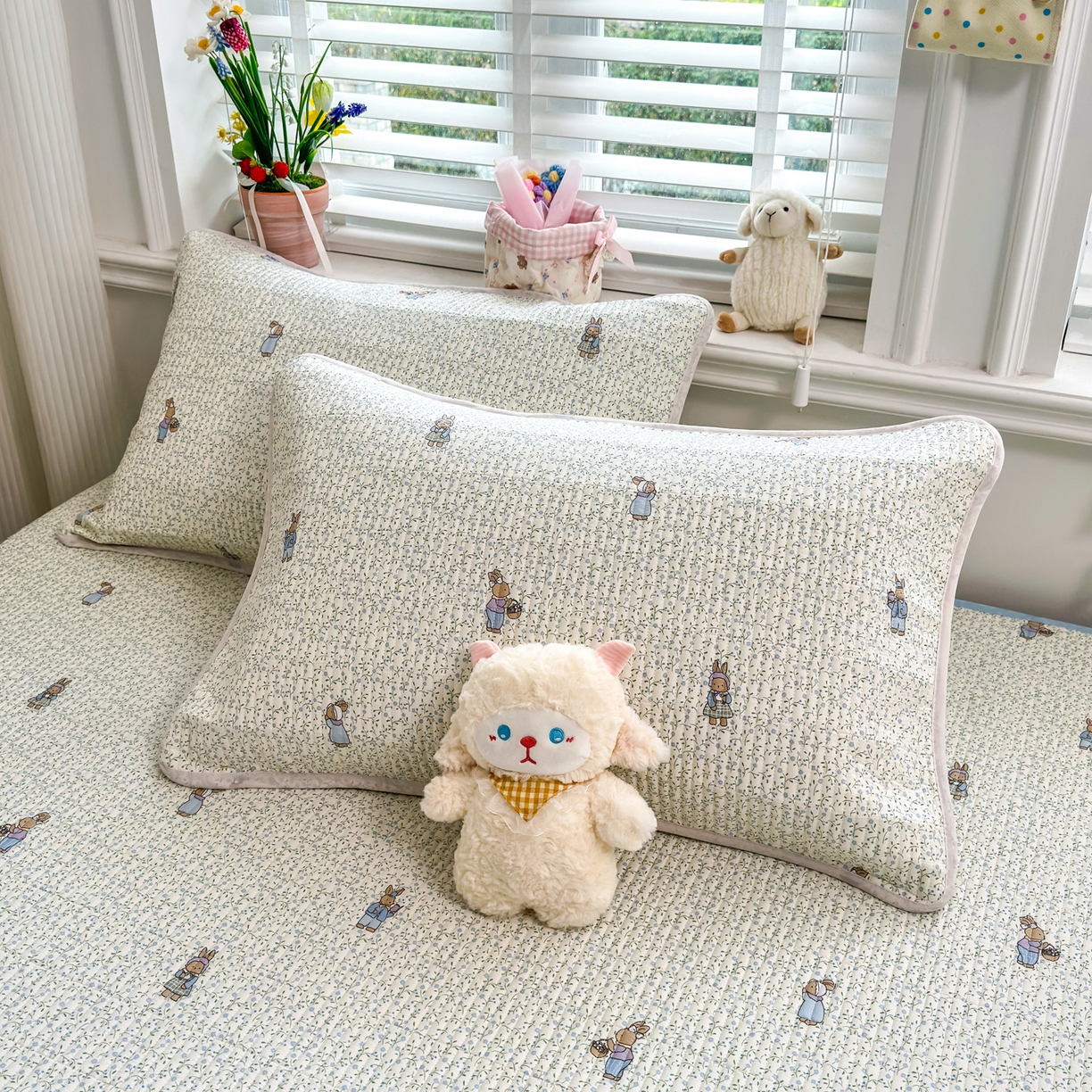 91家纺网 家纺一手货源 找家纺 沁童儿童用品店 2026新款法式大花边全棉夹棉床盖加厚床单炕垫 田园兔蓝