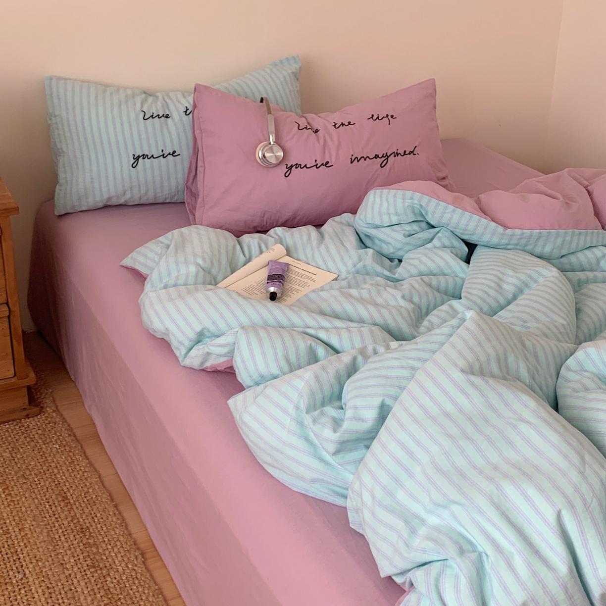 91家纺网 家纺一手货源 找家纺 （总）桃喜 2026春夏全棉新品色织水洗棉条纹博主ins风四件套学生三件套（会员-5）