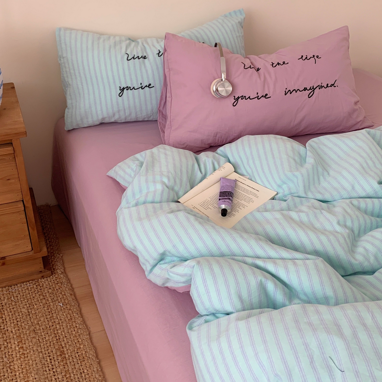 91家纺网 家纺一手货源 找家纺 （总）桃喜 2026春夏全棉新品色织水洗棉条纹博主ins风四件套学生三件套（会员-5）