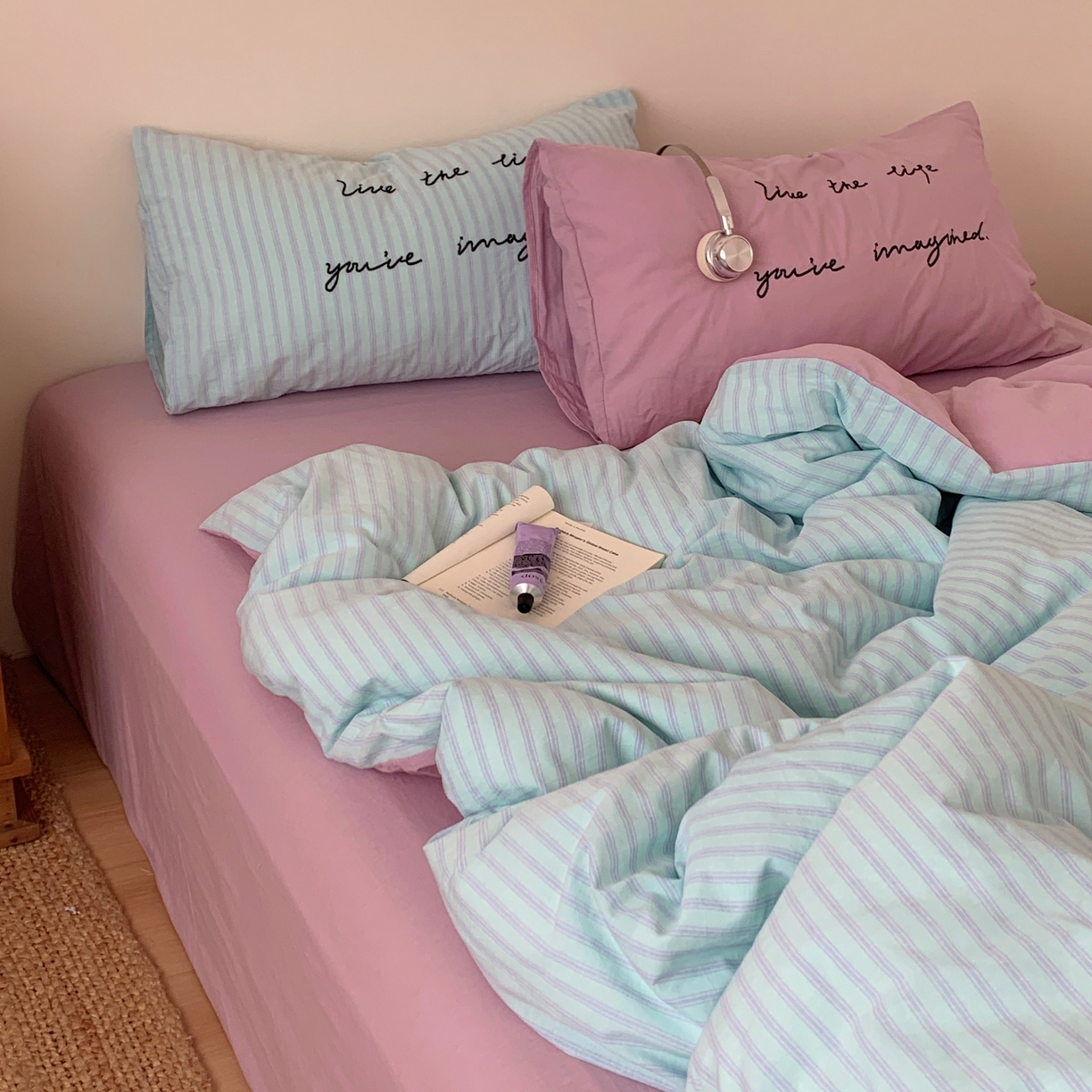 91家纺网 家纺一手货源 找家纺 （总）桃喜 2026春夏全棉新品色织水洗棉条纹博主ins风四件套学生三件套（会员-5）