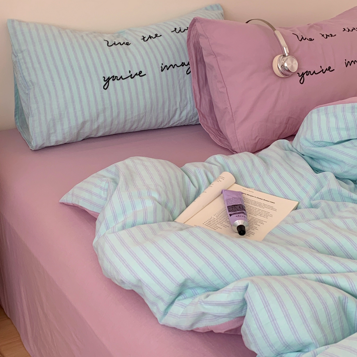 91家纺网 家纺一手货源 找家纺 （总）桃喜 2026春夏全棉新品色织水洗棉条纹博主ins风四件套学生三件套（会员-5）