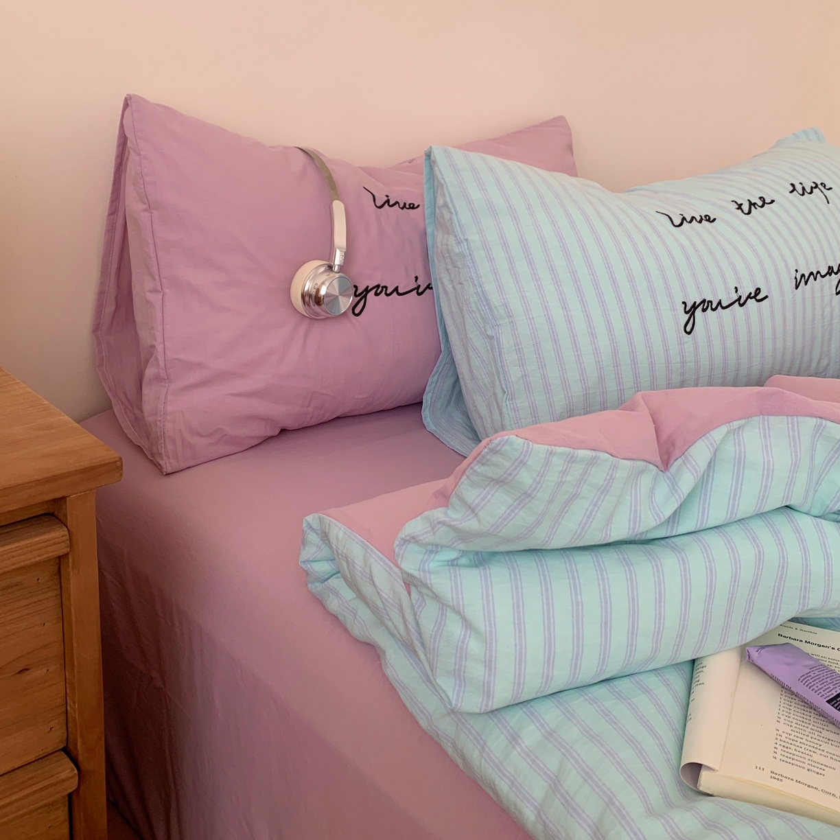 91家纺网 家纺一手货源 找家纺 （总）桃喜 2026春夏全棉新品色织水洗棉条纹博主ins风四件套学生三件套（会员-5）