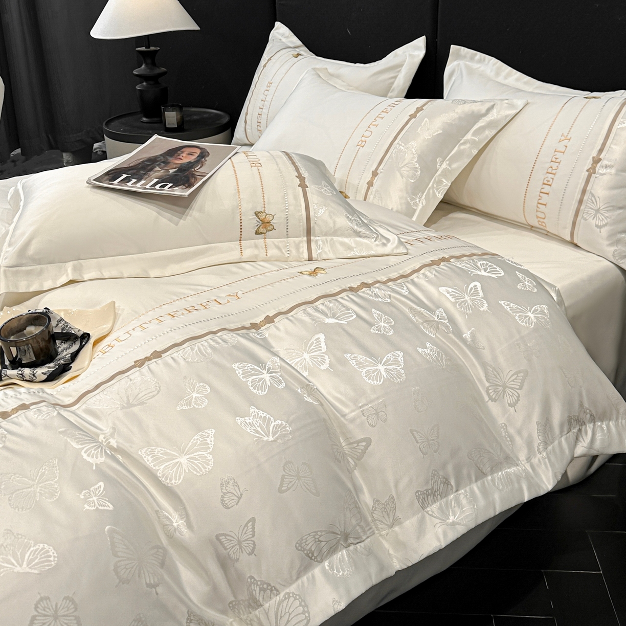 91家纺网 家纺一手货源 找家纺 （总）宇航家纺 2026春夏新款水洗真丝绣花四件套—拾光蝶影