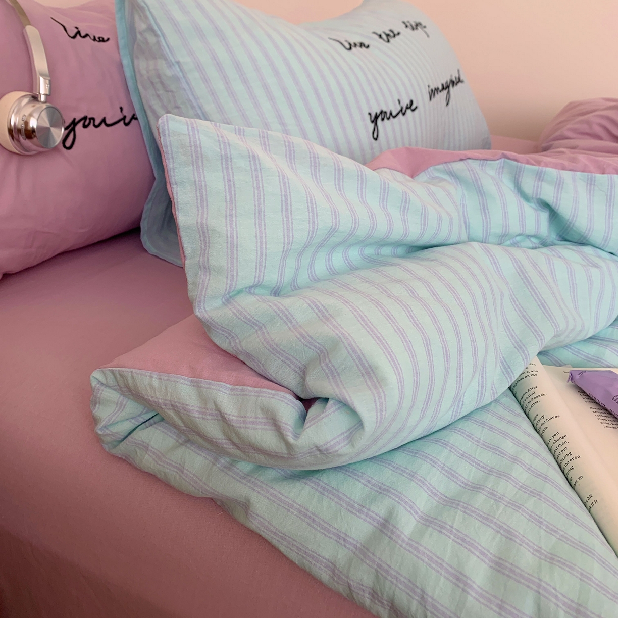 91家纺网 家纺一手货源 找家纺 （总）桃喜 2026春夏全棉新品色织水洗棉条纹博主ins风四件套学生三件套（会员-5）