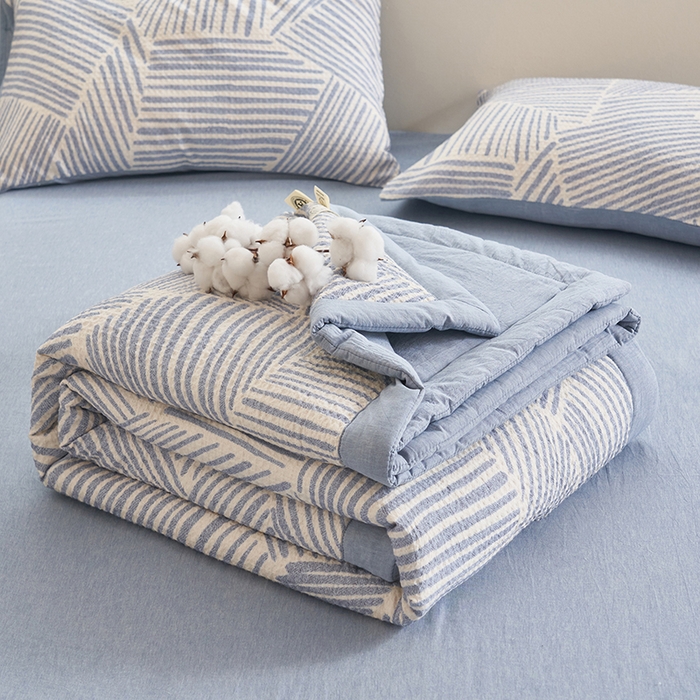 91家纺网 家纺一手货源 找家纺 简如 2026新款里外全棉华夫格夏凉被四件套 简森-蓝