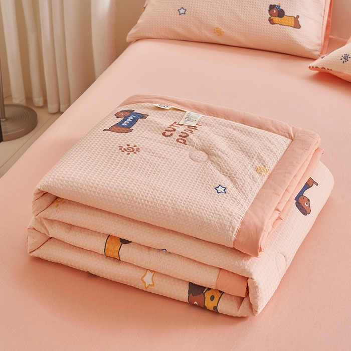 91家纺网 家纺一手货源 找家纺 简如 2026新款里外全棉华夫格夏凉被四件套 布丁可乐