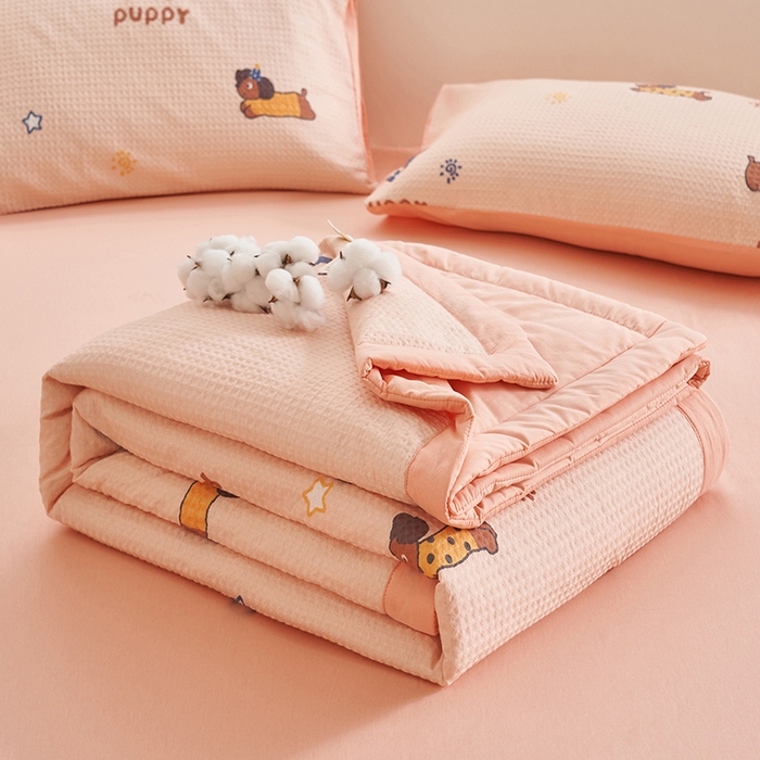 91家纺网 家纺一手货源 找家纺 简如 2026新款里外全棉华夫格夏凉被四件套 布丁可乐