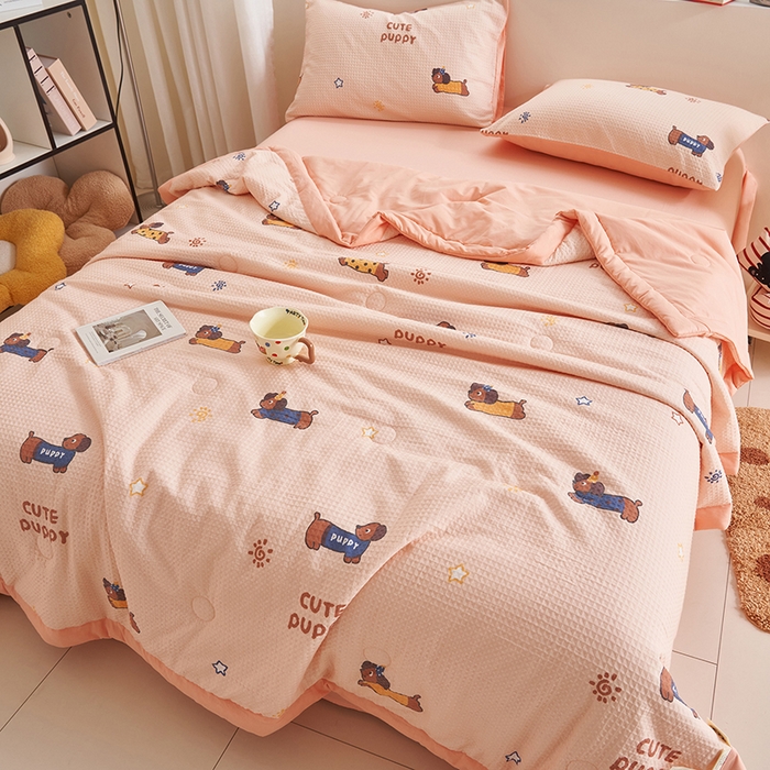 91家纺网 家纺一手货源 找家纺 简如 2026新款里外全棉华夫格夏凉被四件套 布丁可乐