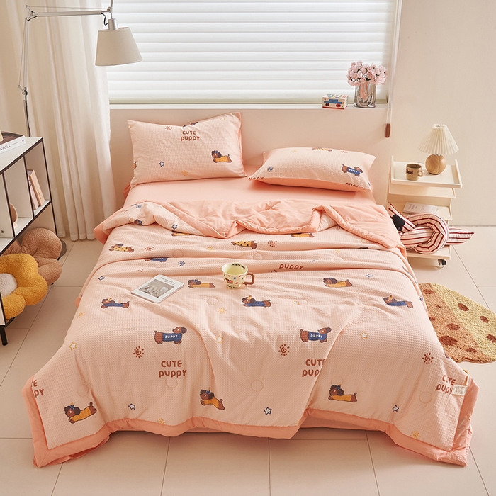 91家纺网 家纺一手货源 找家纺 简如 2026新款里外全棉华夫格夏凉被四件套 布丁可乐