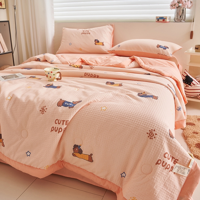 91家纺网 家纺一手货源 找家纺 简如 2026新款里外全棉华夫格夏凉被四件套 布丁可乐