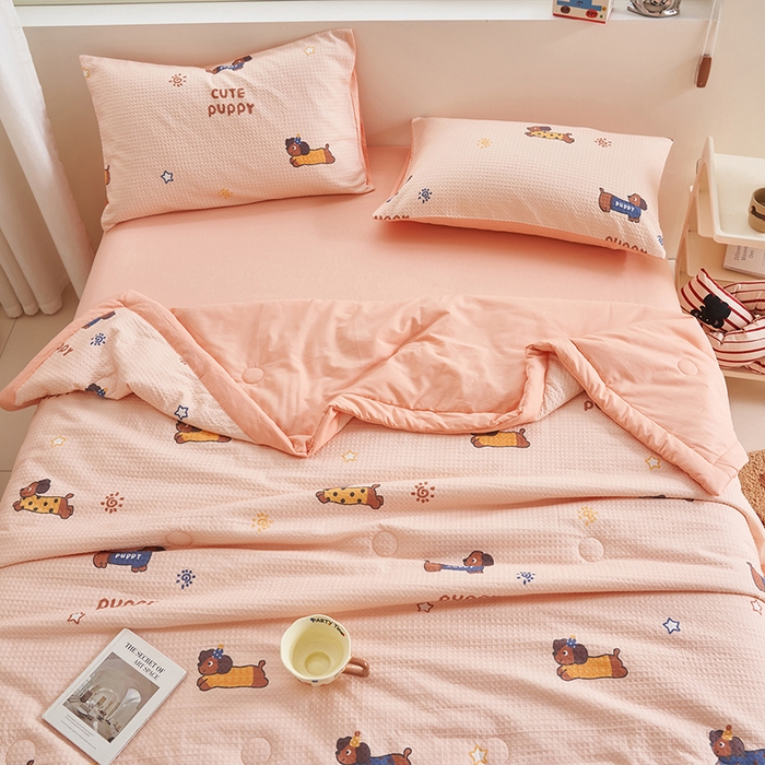 91家纺网 家纺一手货源 找家纺 简如 2026新款里外全棉华夫格夏凉被四件套 布丁可乐