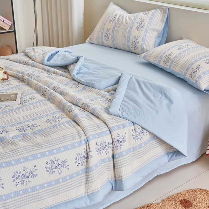 91家纺网 家纺一手货源 找家纺 简如 2026新款里外全棉华夫格夏凉被四件套 花绮梦