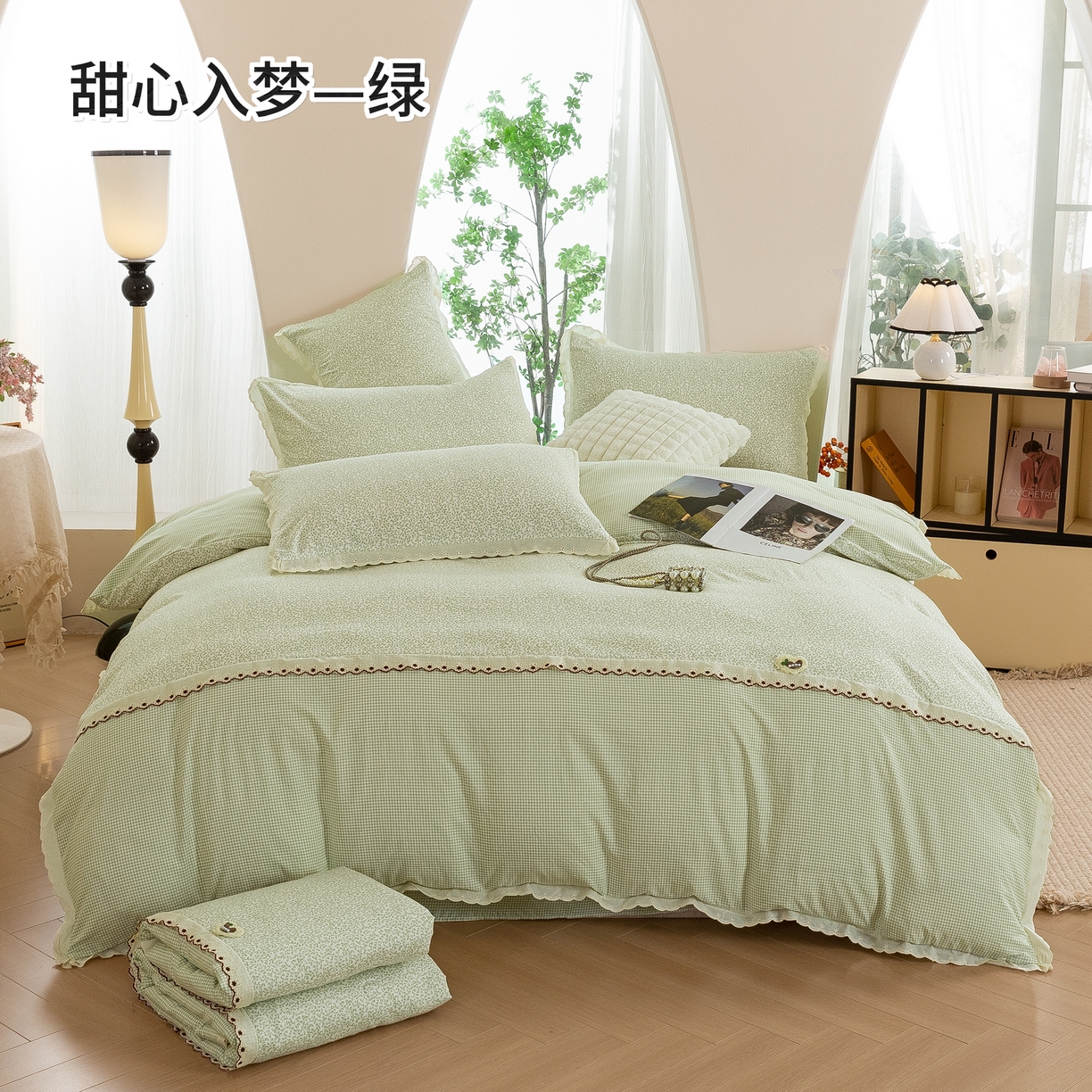 91家纺网 家纺一手货源 找家纺 绒博士  2026年新款清风棉四件套—甜心入梦 甜心入梦 ---  绿
