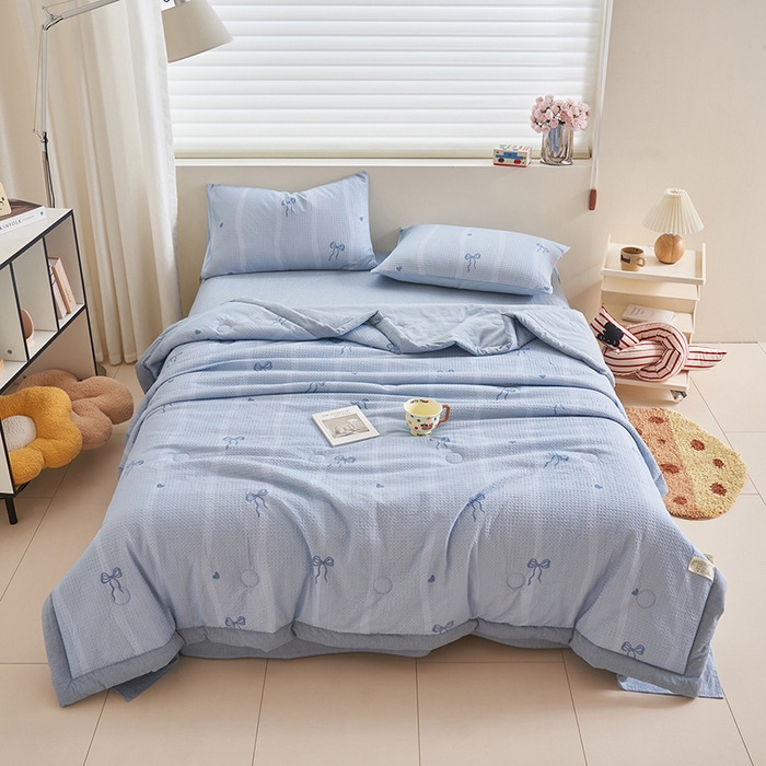 91家纺网 家纺一手货源 找家纺 简如 2026新款里外全棉华夫格夏凉被四件套 茹梦-蓝