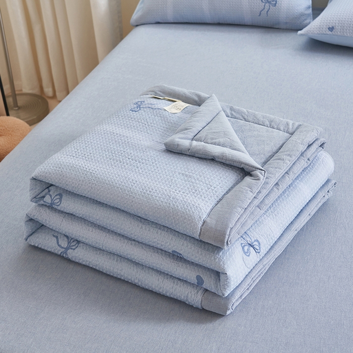 91家纺网 家纺一手货源 找家纺 简如 2026新款里外全棉华夫格夏凉被四件套 茹梦-蓝