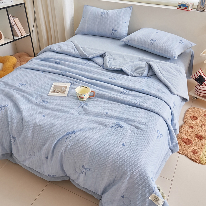 91家纺网 家纺一手货源 找家纺 简如 2026新款里外全棉华夫格夏凉被四件套 茹梦-蓝