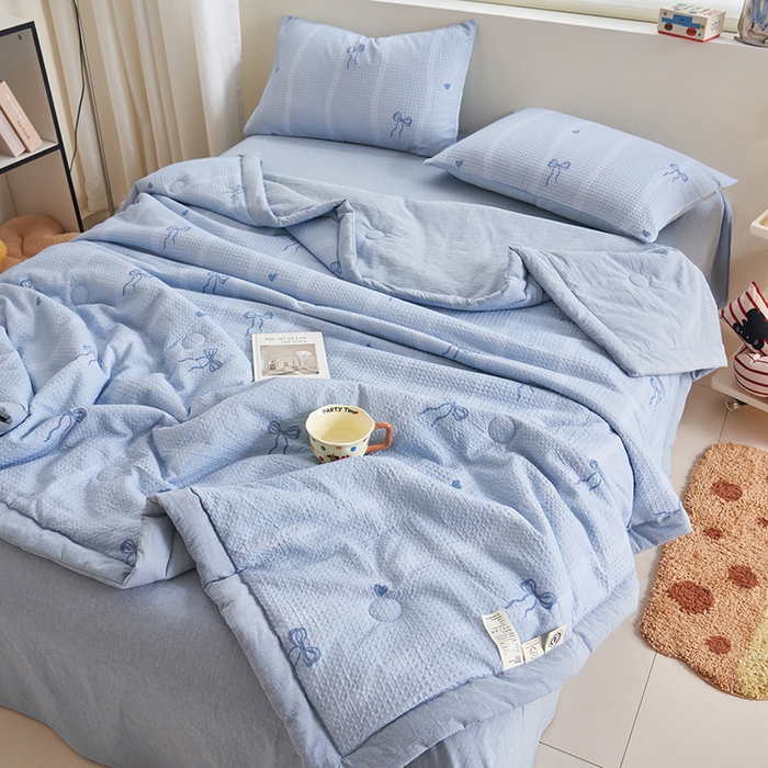 91家纺网 家纺一手货源 找家纺 简如 2026新款里外全棉华夫格夏凉被四件套 茹梦-蓝