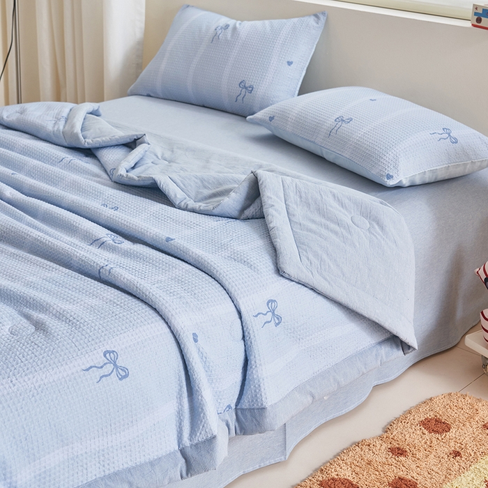 91家纺网 家纺一手货源 找家纺 简如 2026新款里外全棉华夫格夏凉被四件套 茹梦-蓝
