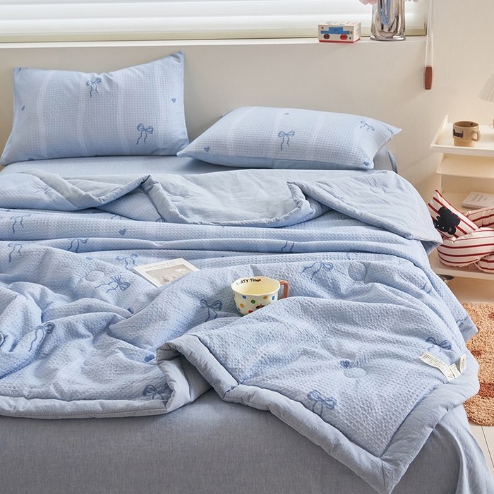 91家纺网 家纺一手货源 找家纺 简如 2026新款里外全棉华夫格夏凉被四件套 茹梦-蓝