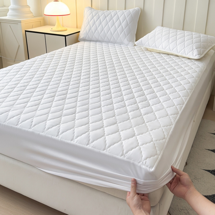 91家纺网 家纺一手货源 找家纺 慕克斯家纺 2026新款亲肤棉磨毛防水菱形格床笠 菱形格白色