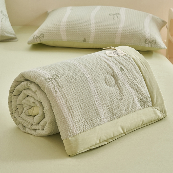 91家纺网 家纺一手货源 找家纺 简如 2026新款里外全棉华夫格夏凉被四件套 茹梦-绿