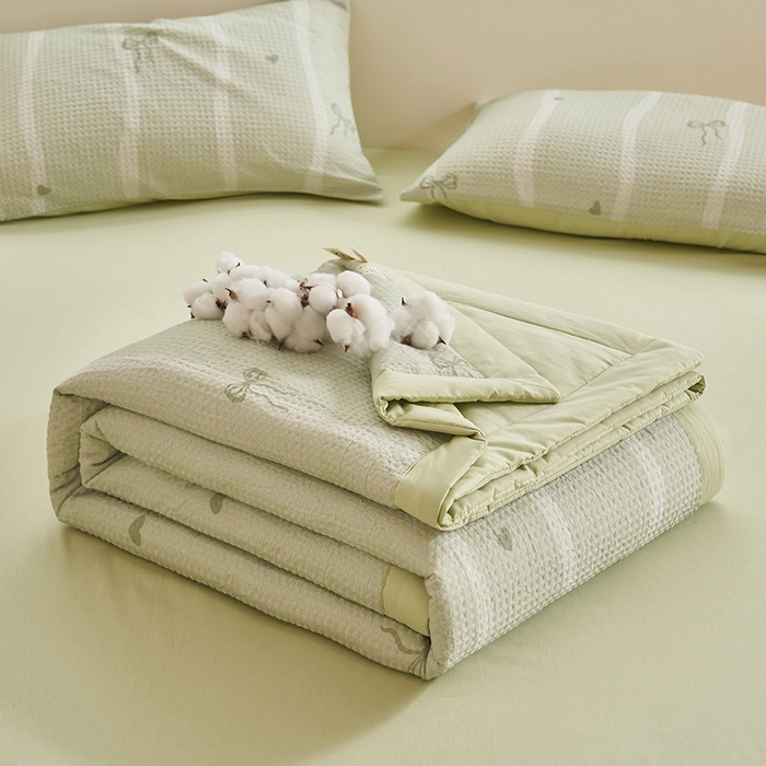 91家纺网 家纺一手货源 找家纺 简如 2026新款里外全棉华夫格夏凉被四件套 茹梦-绿