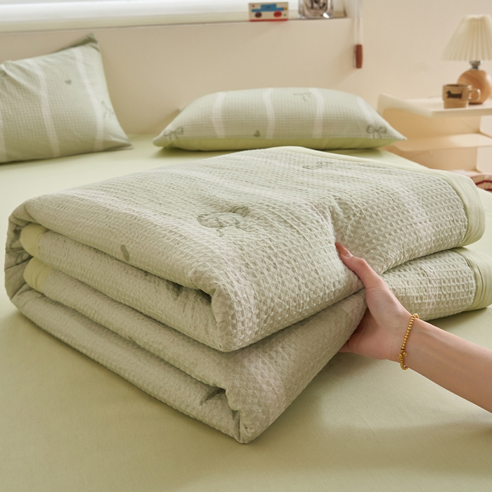 91家纺网 家纺一手货源 找家纺 简如 2026新款里外全棉华夫格夏凉被四件套 茹梦-绿